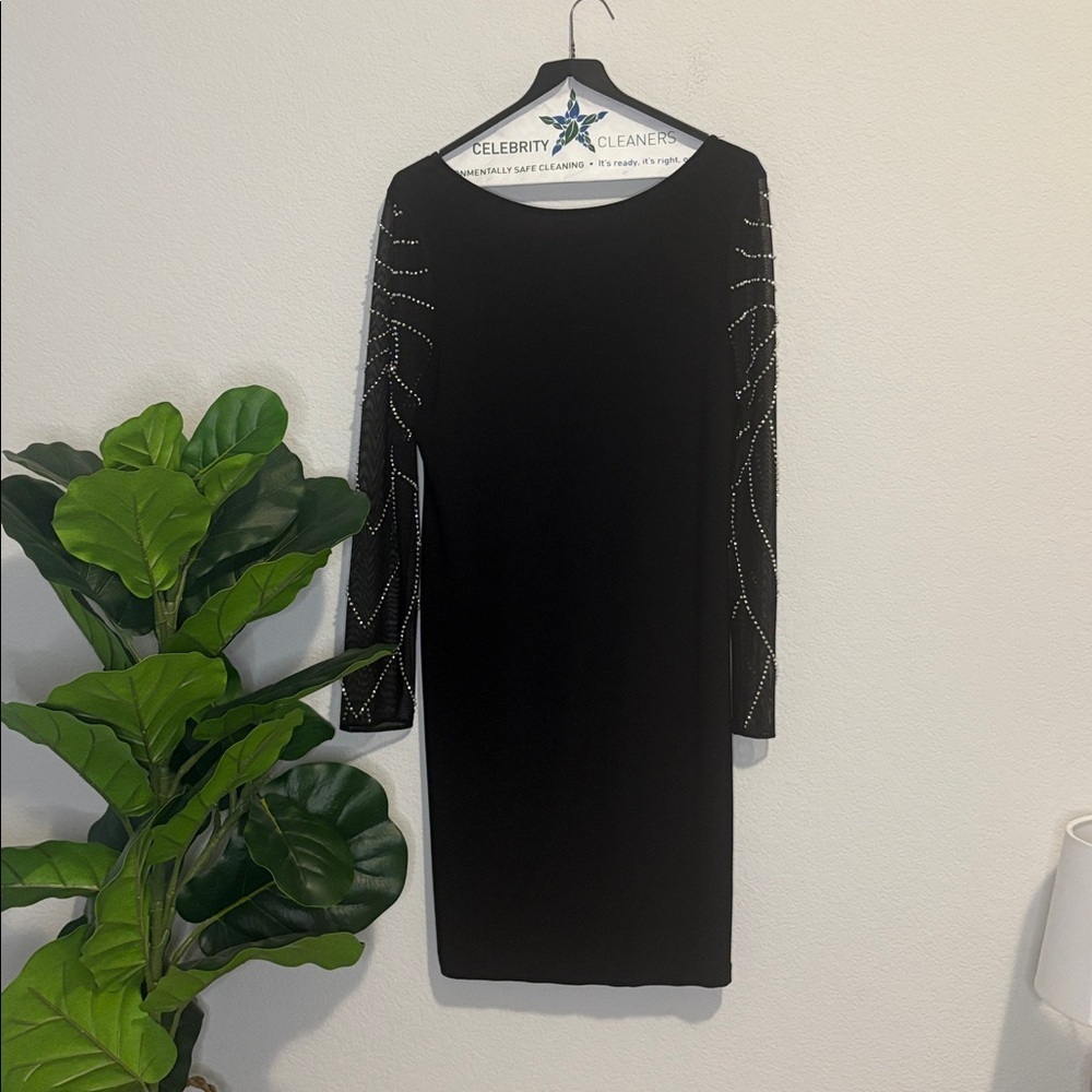 MARINA Black Long Sleeve Sheath Dress with Rhinestone Sleeve Detail